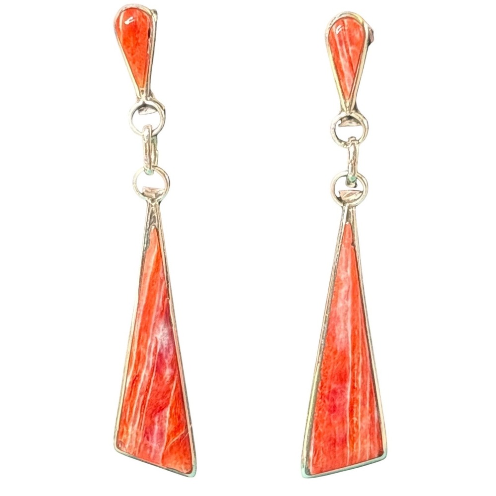 Navajo‎ Sterling Silver Spiny Oyster Shell Geometric Dangle Earrings 2in signed